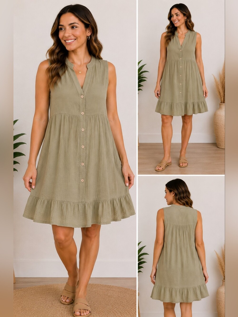 Cupshe Olive Sleeveless Button-Front Ruffle Hem Mini Dress 100 Percent COTTON